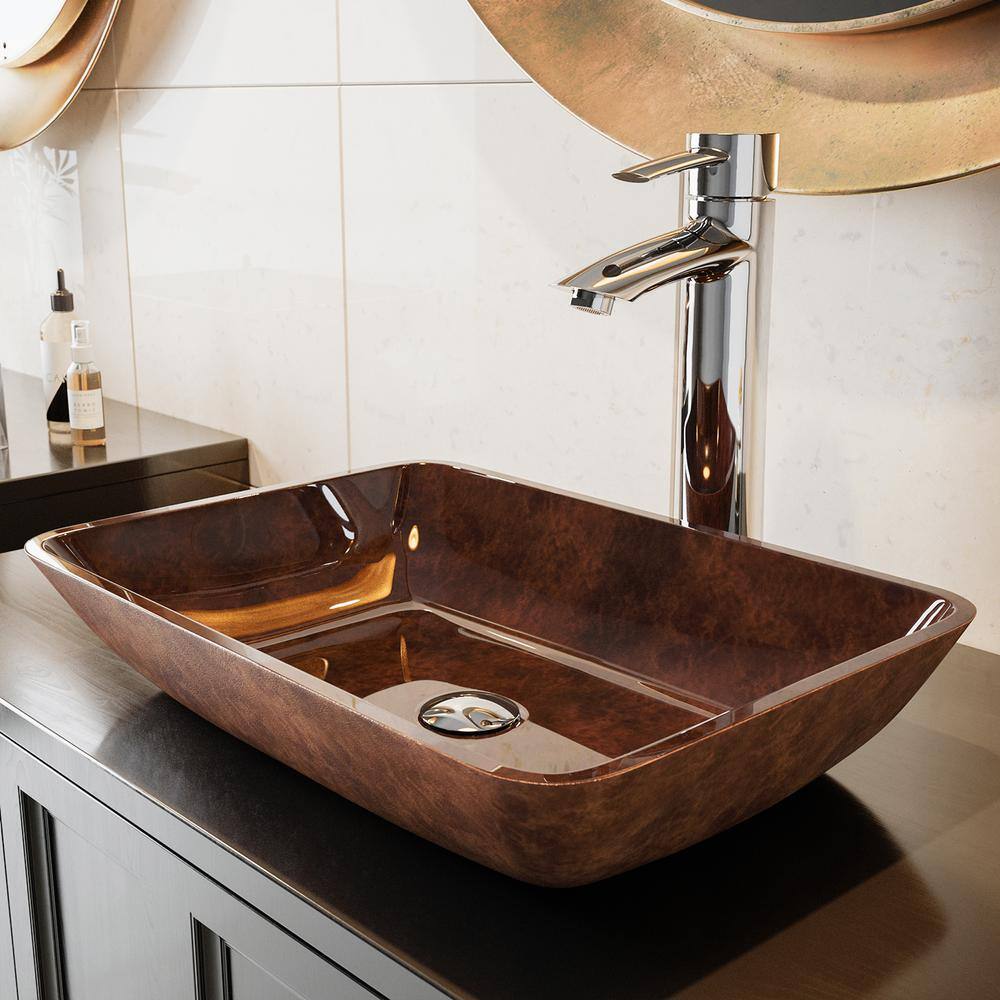 VIGO Donatello Artistic Rubywood Glass 18 in. L x 13 in. W x 4 in. H Rectangular Vessel Bathroom Sink VG07089