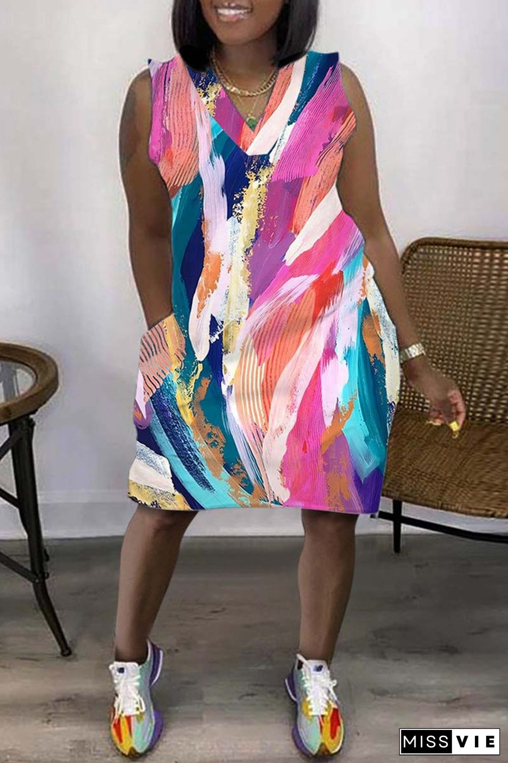 Multicolor Casual Print Basic V Neck Sleeveless Dress Dresses