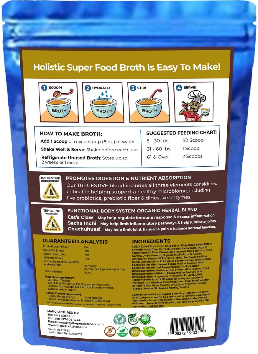 The Petz Kitchen Holistic Super Food Broth Joint Support Pork Flavor Concentrate Powder Dog and Cat Supplement， 4.5-oz bag