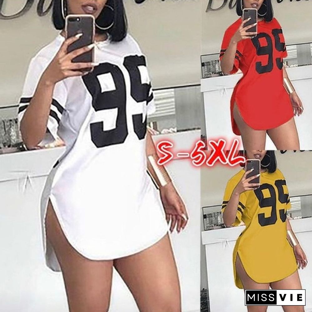 5 Colors Women's Fashion Summer Short Sleeve T Shirt Mini Dress Tee Dress Side Split Basketball Skirt Sport Casual Dress