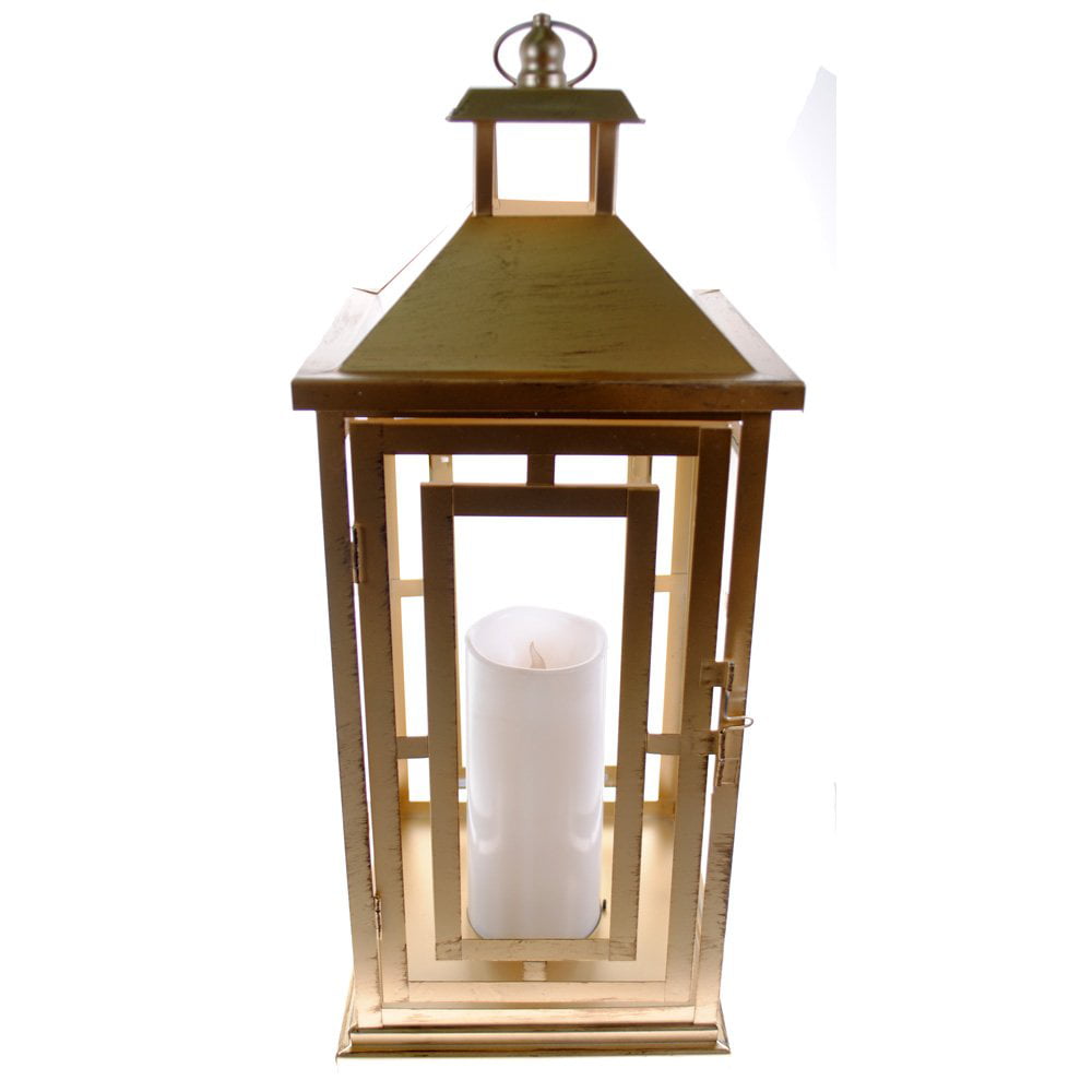 Shop4Omni 20 Inch Metal and Glass Tabletop Centerpiece Lantern with Flame-Less Candle Brushed Bronze