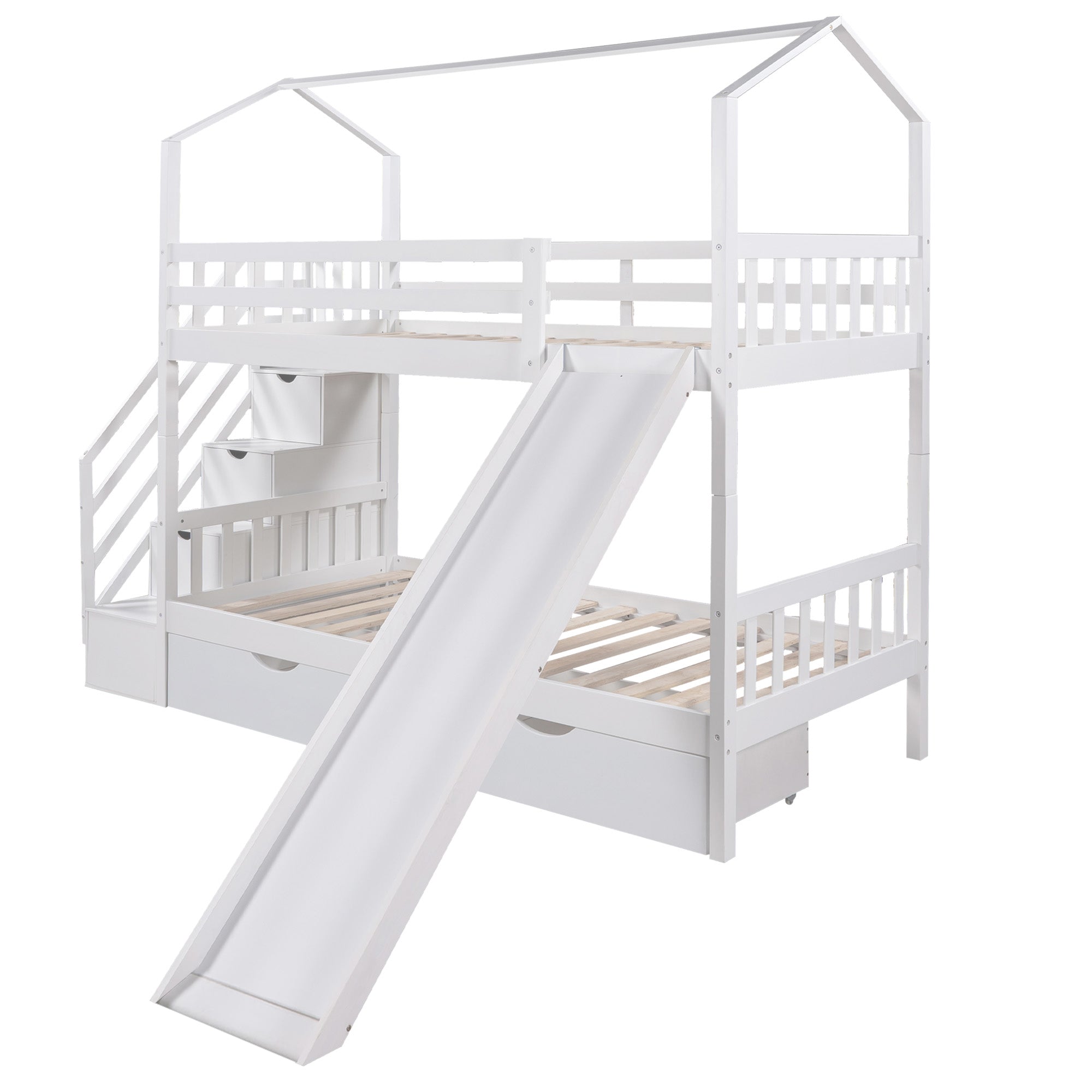 Euroco Twin House Bunk Bed with Storage for Kids, White