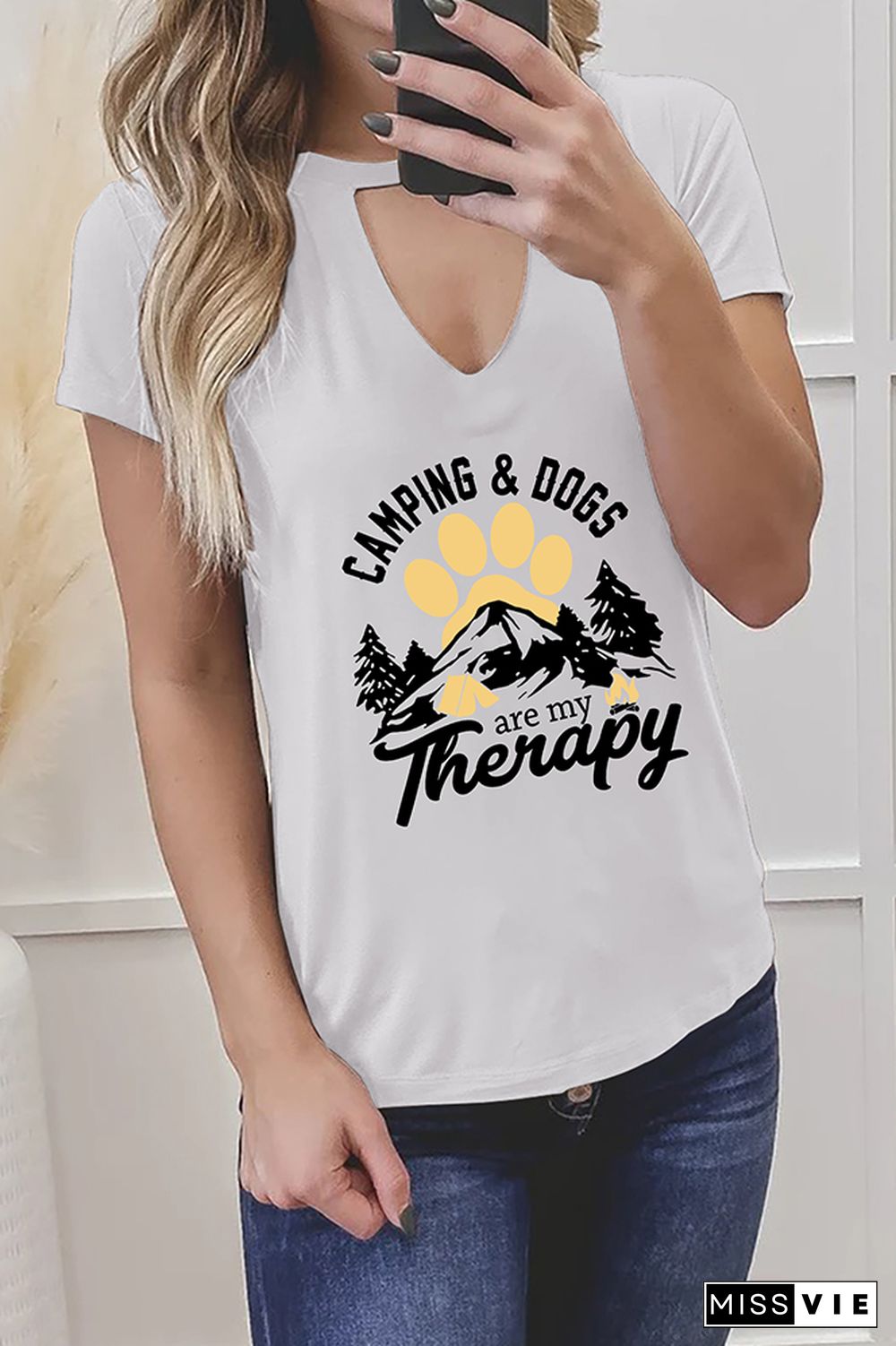 Camping and Dogs are my Therapy Graphic Tees for Women Wholesale Short Sleeve T shirts Top