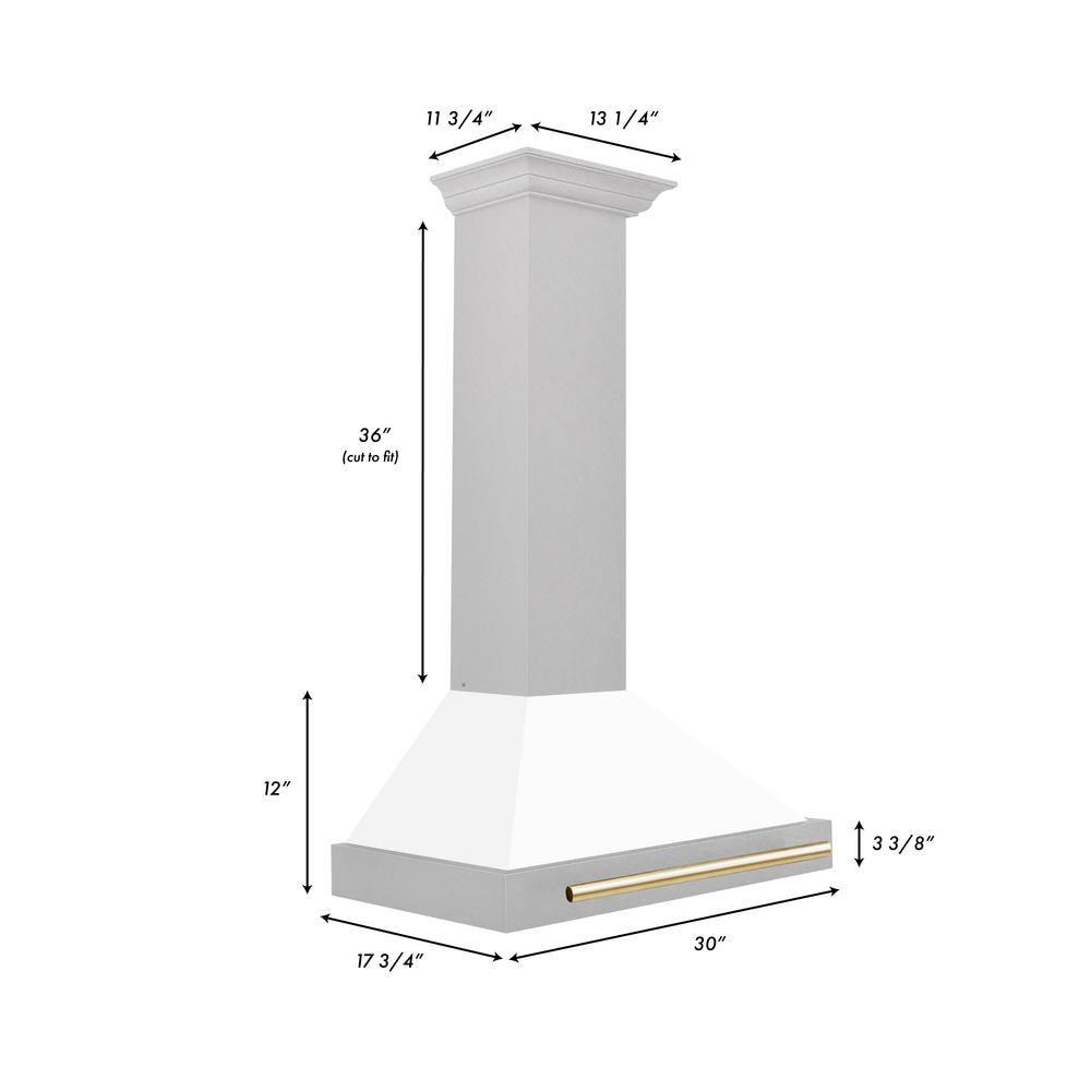 ZLINE Kitchen and Bath Autograph Edition 30 in Wall Mount Range Hood in DuraSnow Stainless Steel with White Matte Shell and Gold Handle