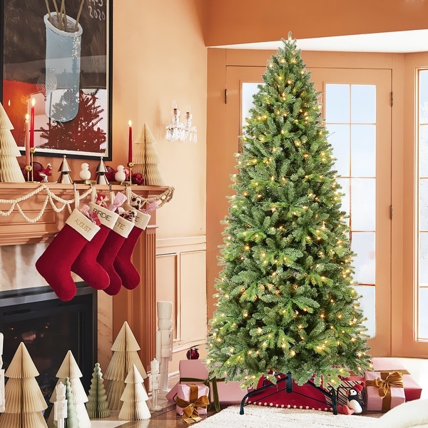 8FT PreLit Slim Christmas Tree，Green，Fir Xmas 'Feel Real' Artificial Tree，White Lights，Metal Hinged，Foldable Base