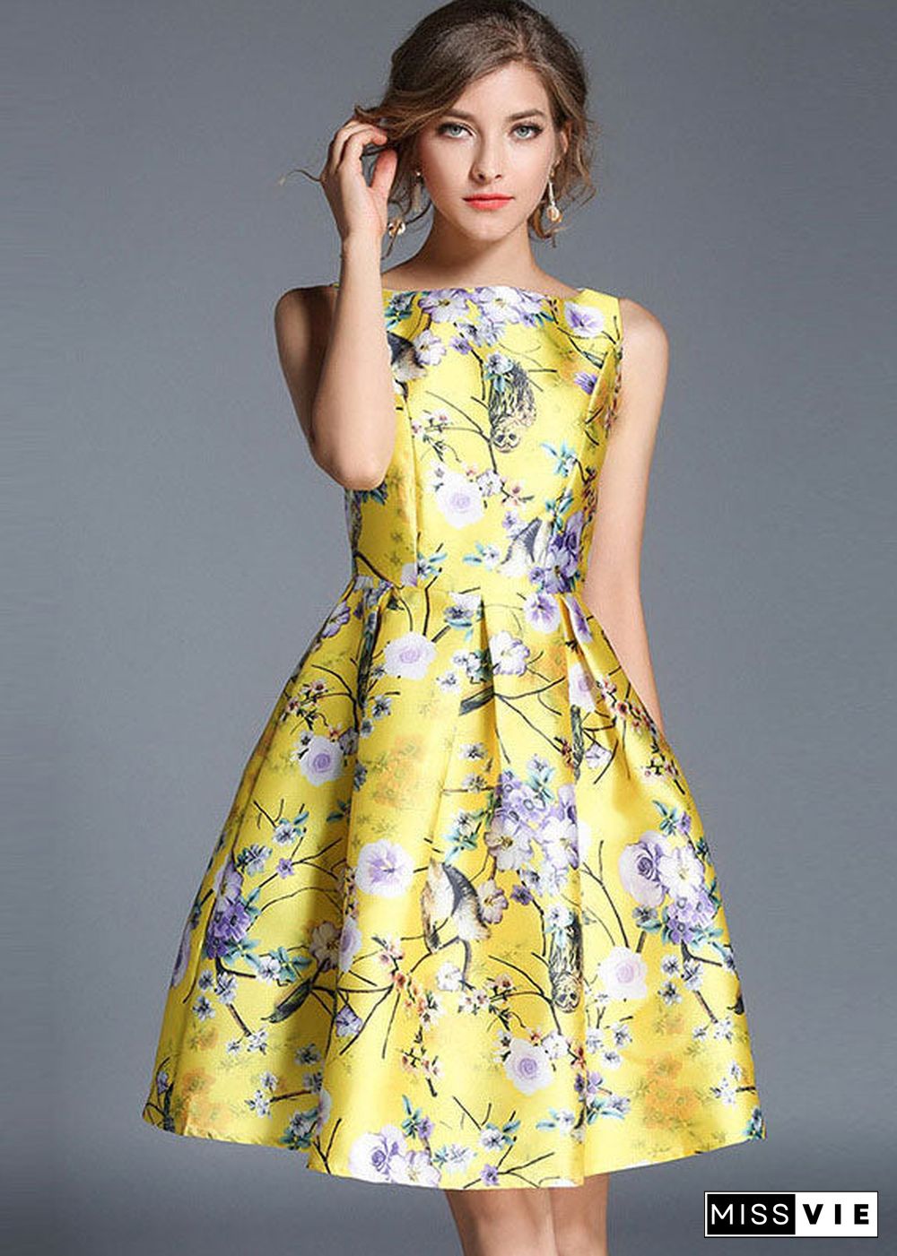 Fashion Yellow Print Wrinkled Patchwork Cotton Mid Dress Sleeveless