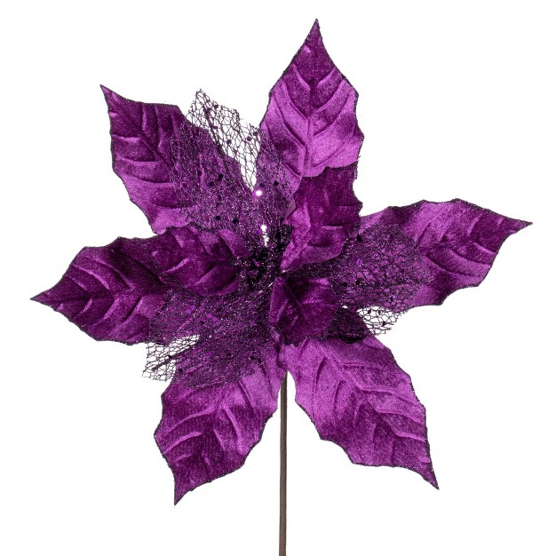 Plum Velvet And Glitter Mesh Poinsettia Flower On Stem 6 Per Bag