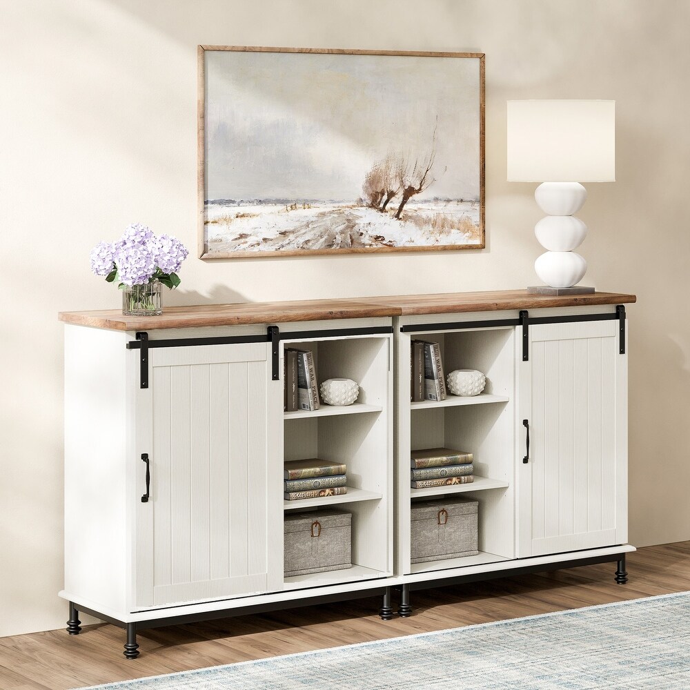 WAMPAT Kitchen Buffet Entryway TableWhite Farmhouse Sliding Barn Door Storage Accent Cabinet