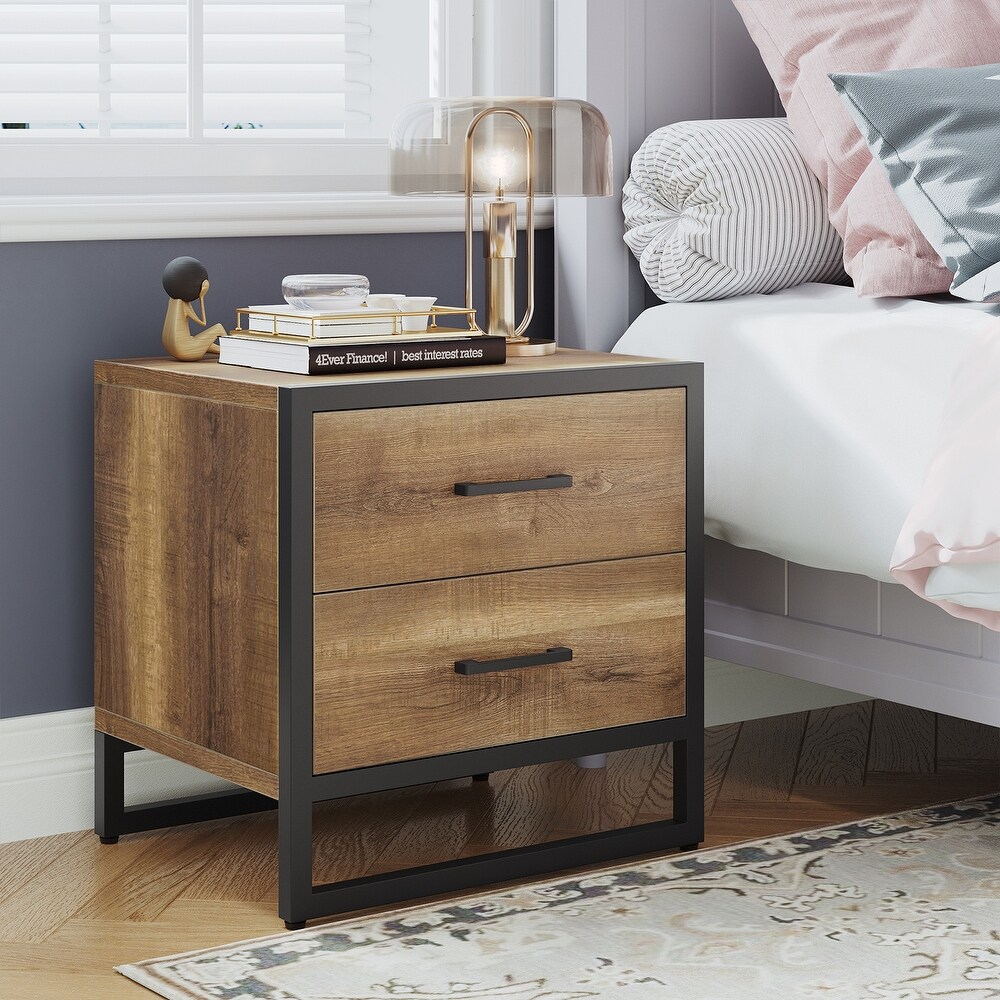 Hussain Wood 2 Drawer End Table Beside Bed Nightstand with Metal Frame