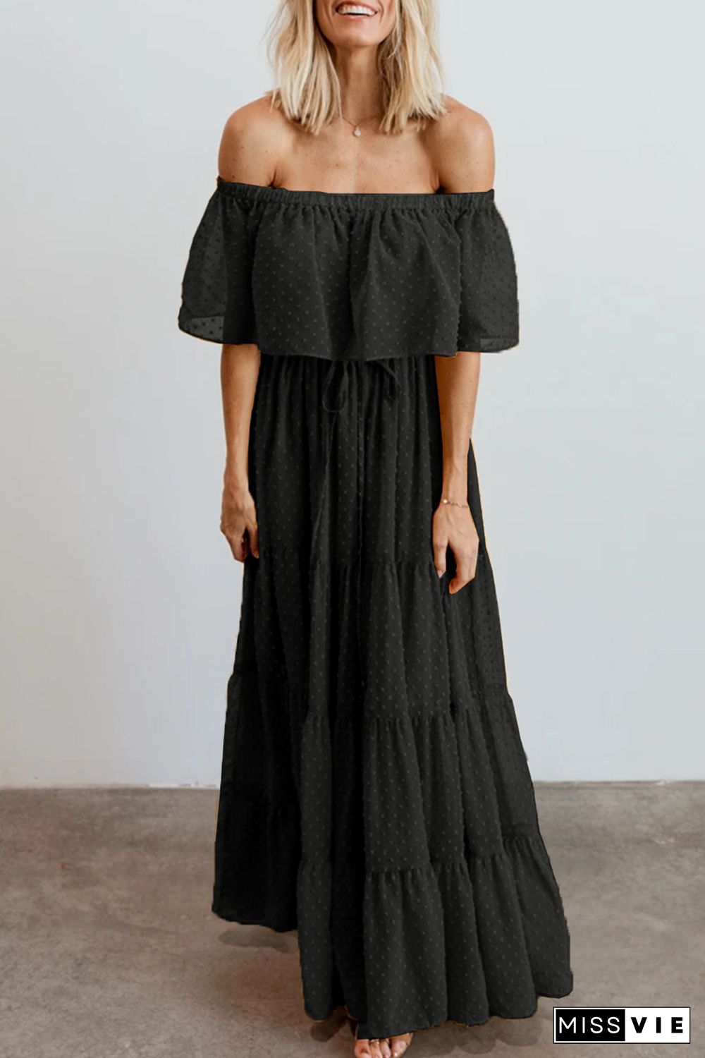 Black Off Shoulder Ruffle Swiss Dot Maxi Dress