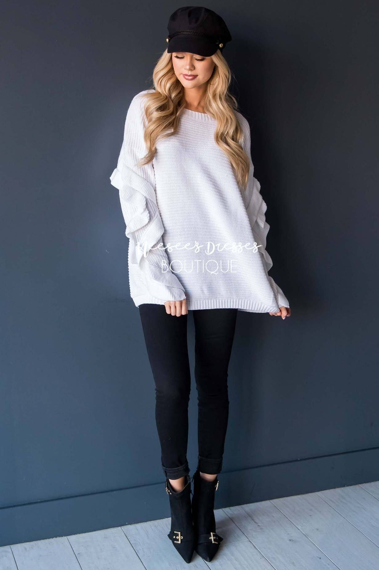 White Ruffle Sleeve Sweater