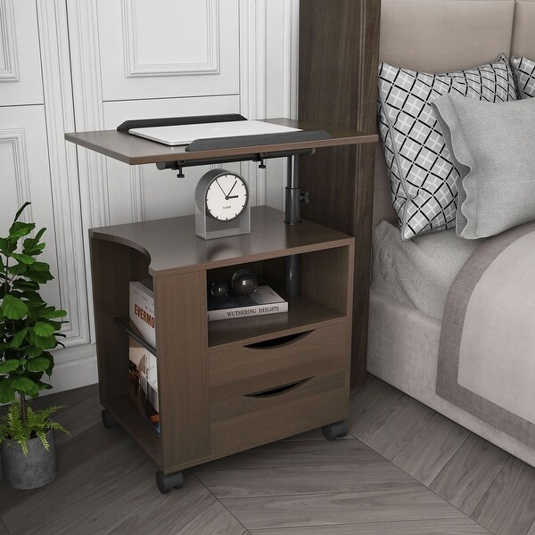 Height Adjustable Overbed End Table Wooden Nightstand with Swivel Top， Storage Drawers， Wheels and Open Shel - - 37955956