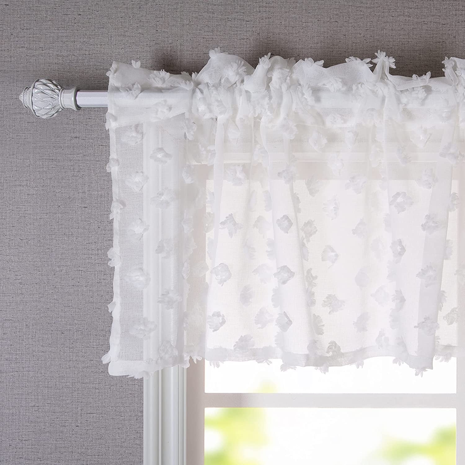 DriftAway Olivia White Voile Chiffon Sheer Window Curtain Valance for Small Window Kitchen Embroidered Pom Pom Single Rod Pocket 106 Inch by 18 Inch Plus 2 Inch Header Off White