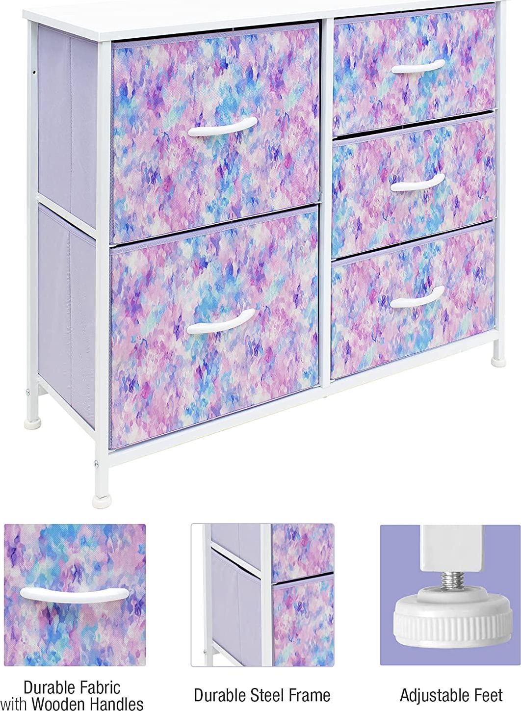 Sorbus Dresser with 5 Drawers 8211 Furniture Storage Chest for Kida s Teens Bedroom Nursery Playroom Clothes Toys 8211 Steel Frame Wood Top Tiedye Fabric Bins (Blue