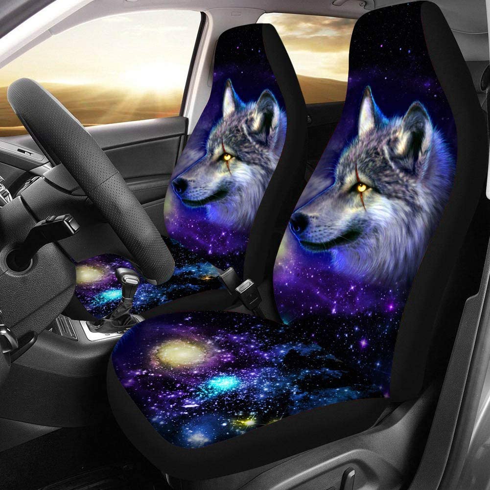 KXMDXA Set of 2 Car Seat Covers Galaxy Wolf 3D Universal Auto Front Seats Protector Fits for Car，SUV Sedan，Truck