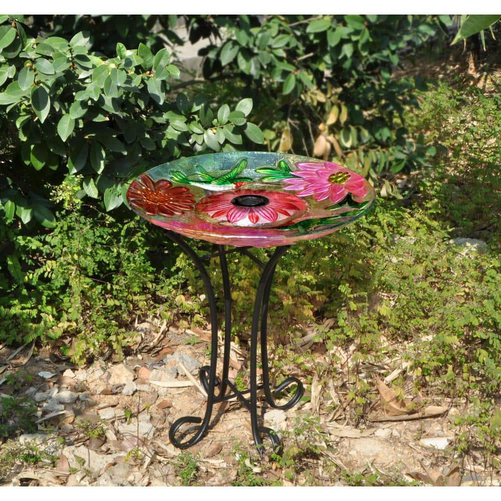 Hi-Line Gift Solar Glass Floral Hummingbird Bird Bath 78415-B