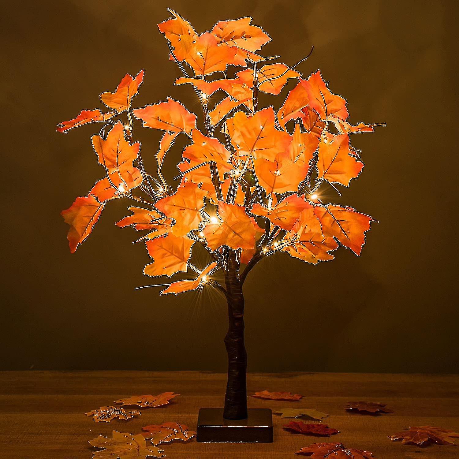 23 Inch Lighted Fall Maple Tree， Battry Operated Tabletop Artificial Autumn Tree For Home Festival Decoration， 24 Warm White Led Light