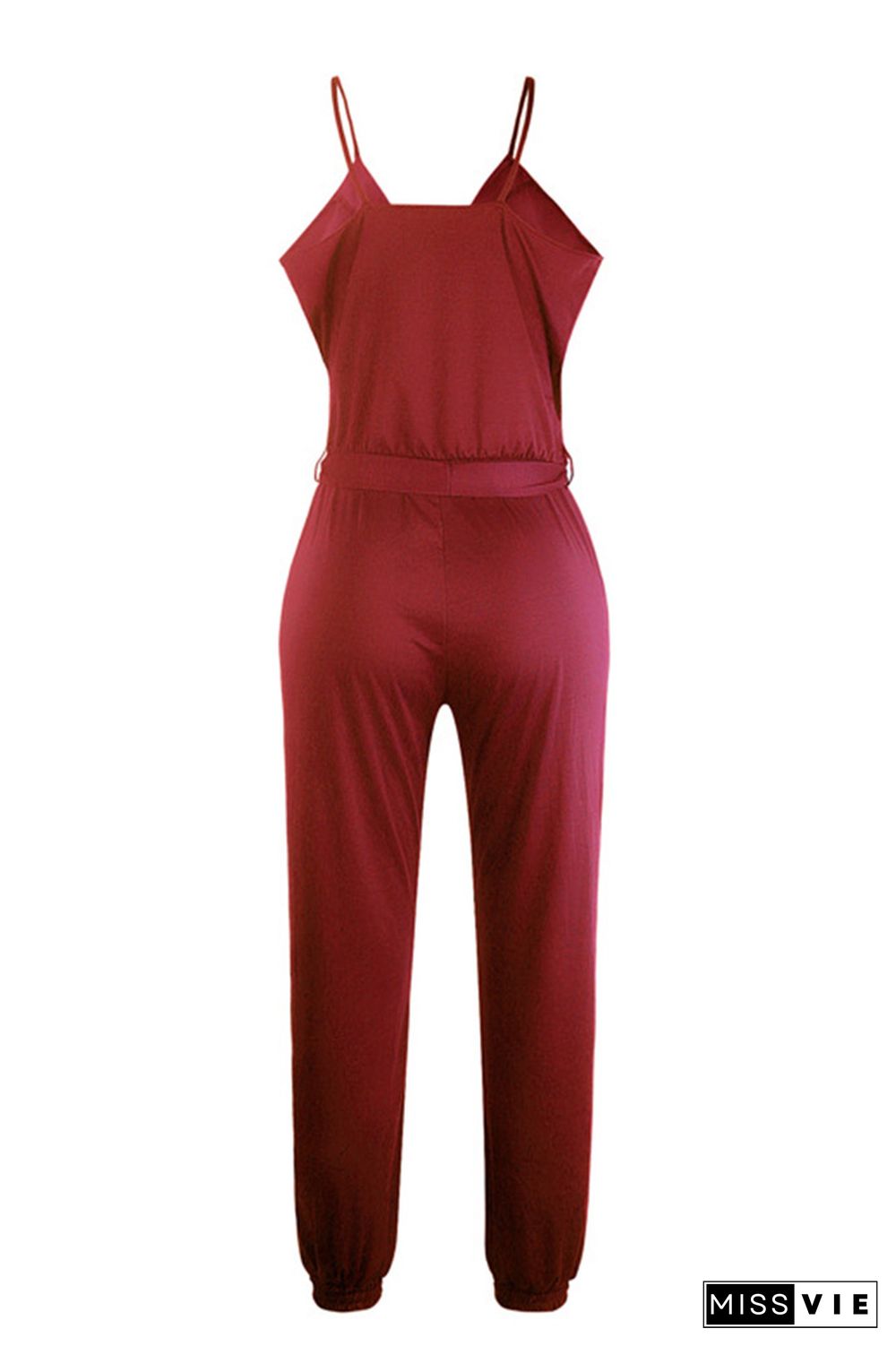 Red Solid Color Slip Jumpsuit With Belt