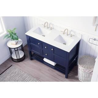 SUPREME WOOD Palisade 48 in. W x 22 in. D x 35.7 in. H Bath Vanity in Navy Blue with Quartz Vanity Top in White with White Basins 22048D-CAB-DB-SQ