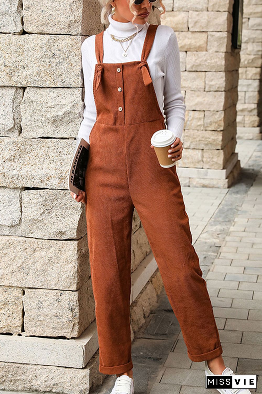 Brown Corduroy Tie Strap Button Down Jumpsuits