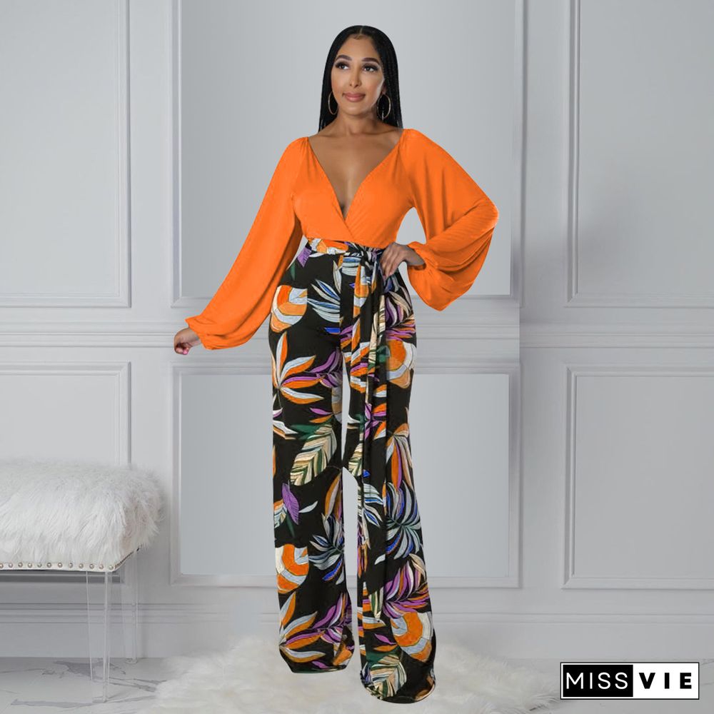 Deep V Long Sleeve Shirt Wide Leg Pants Two Piece Set