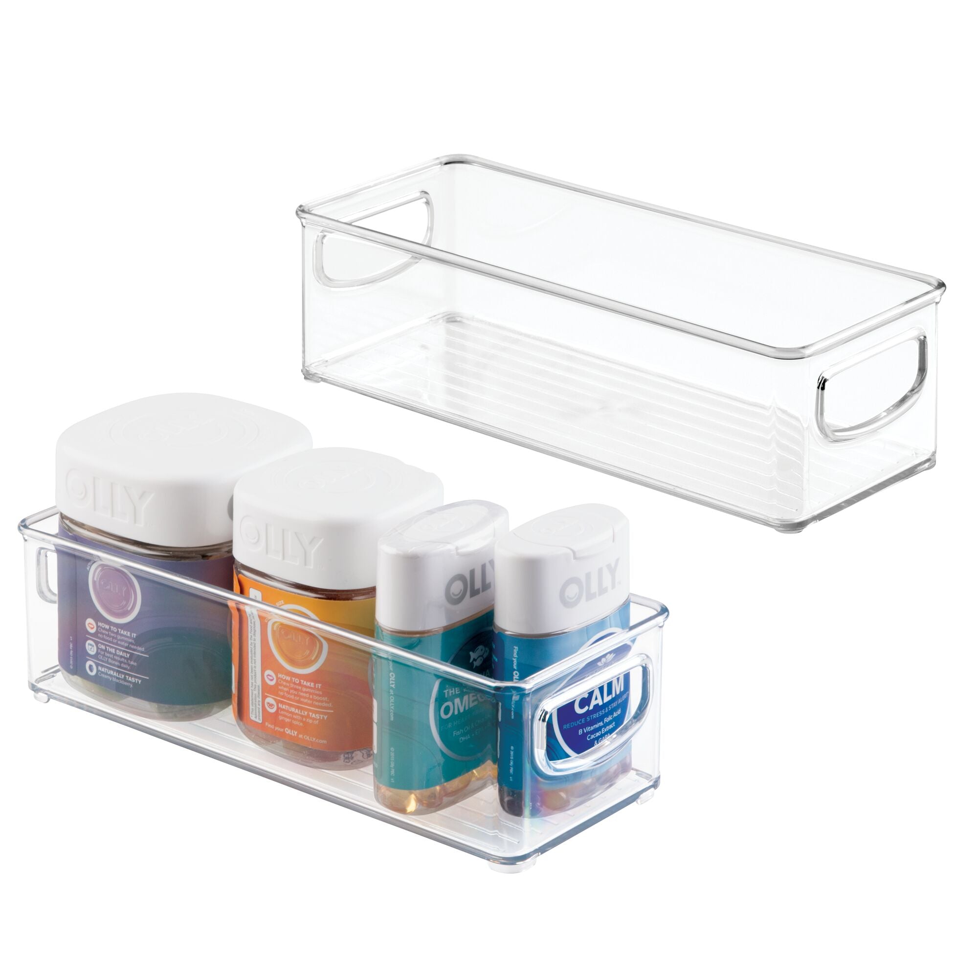 mDesign Small Plastic Bathroom Storage Container Bins with Handles for Organization in Closet, Cabinet, Vanity or Cupboard Shelf, Accessory Organizer for Hair Tools, Makeup, or Lotion - 2 Pack - Clear