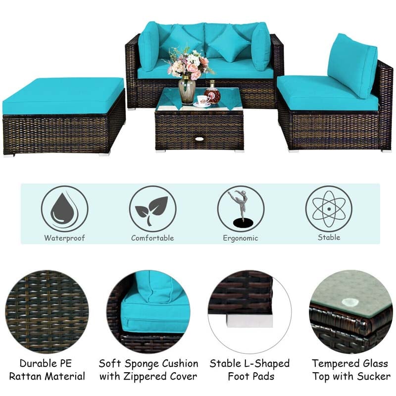 5 Pcs Outdoor Patio Rattan Furniture Sectional Sofa Set Wicker Conversation Set with Cushions