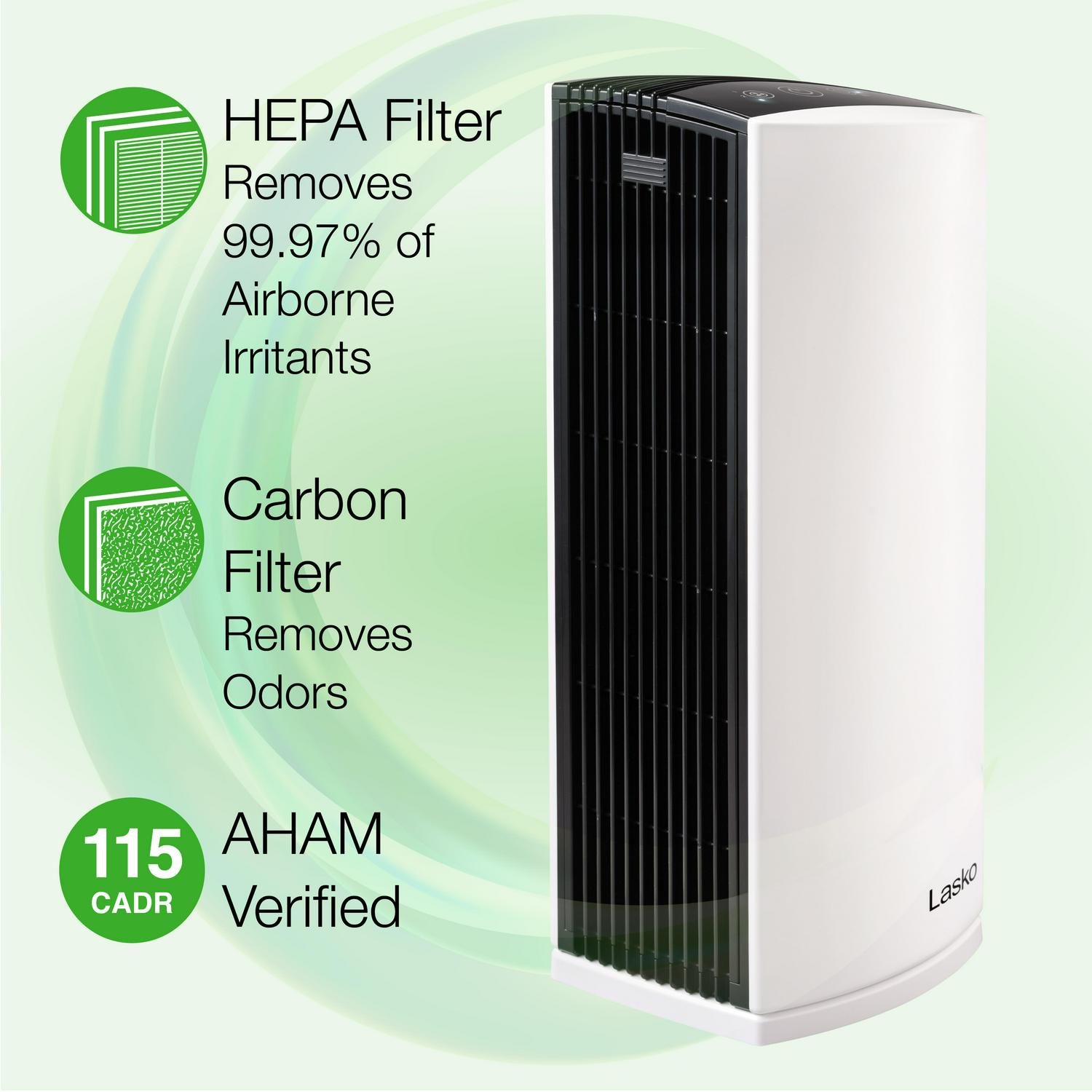 Lasko LP300 HEPA Tower Air Purifier with Timer for a Cleaner， Fresher Home Environment， LP300， White