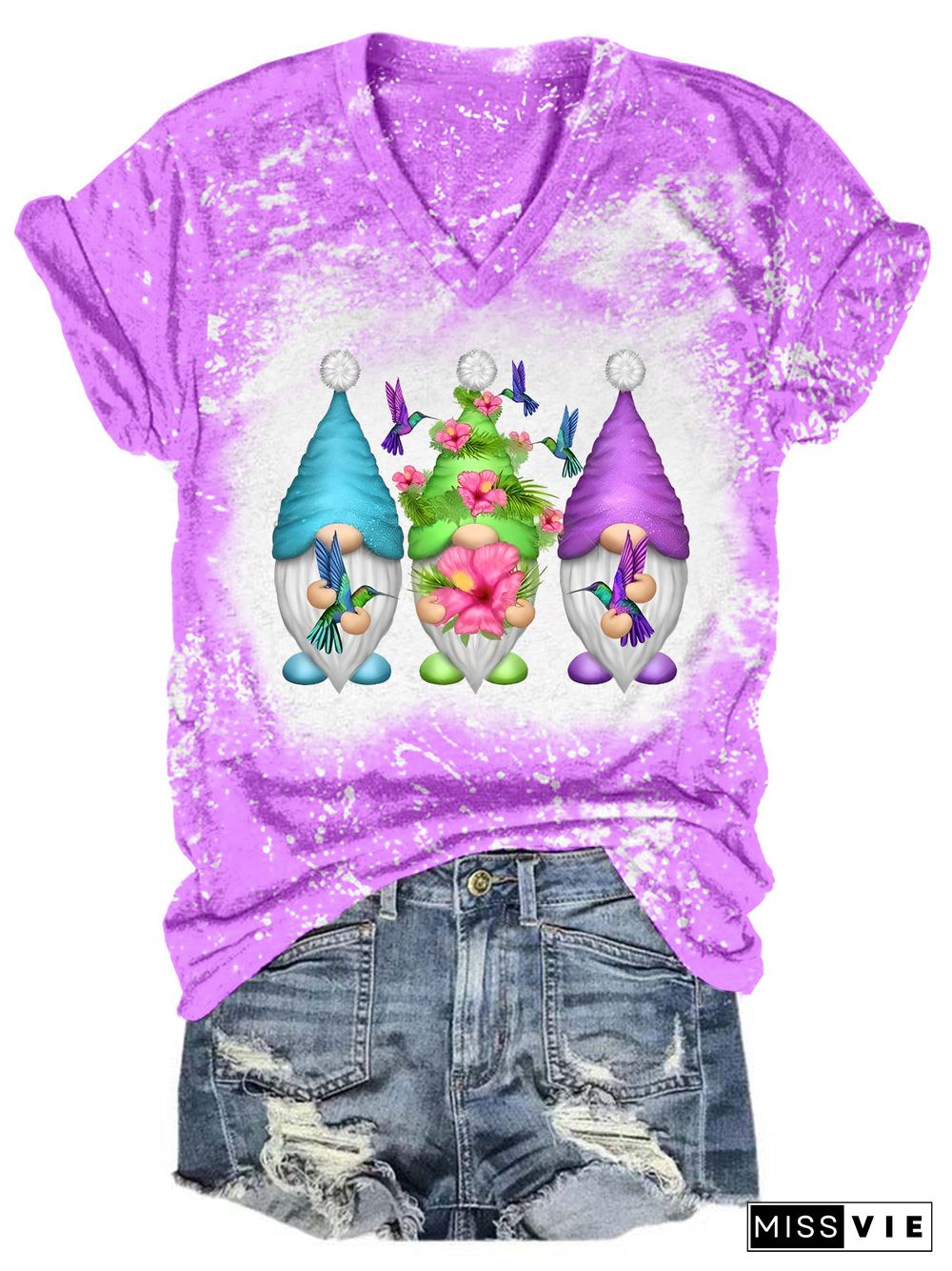 Hummingbird Gnomes Tie Dye V Neck T-shirt