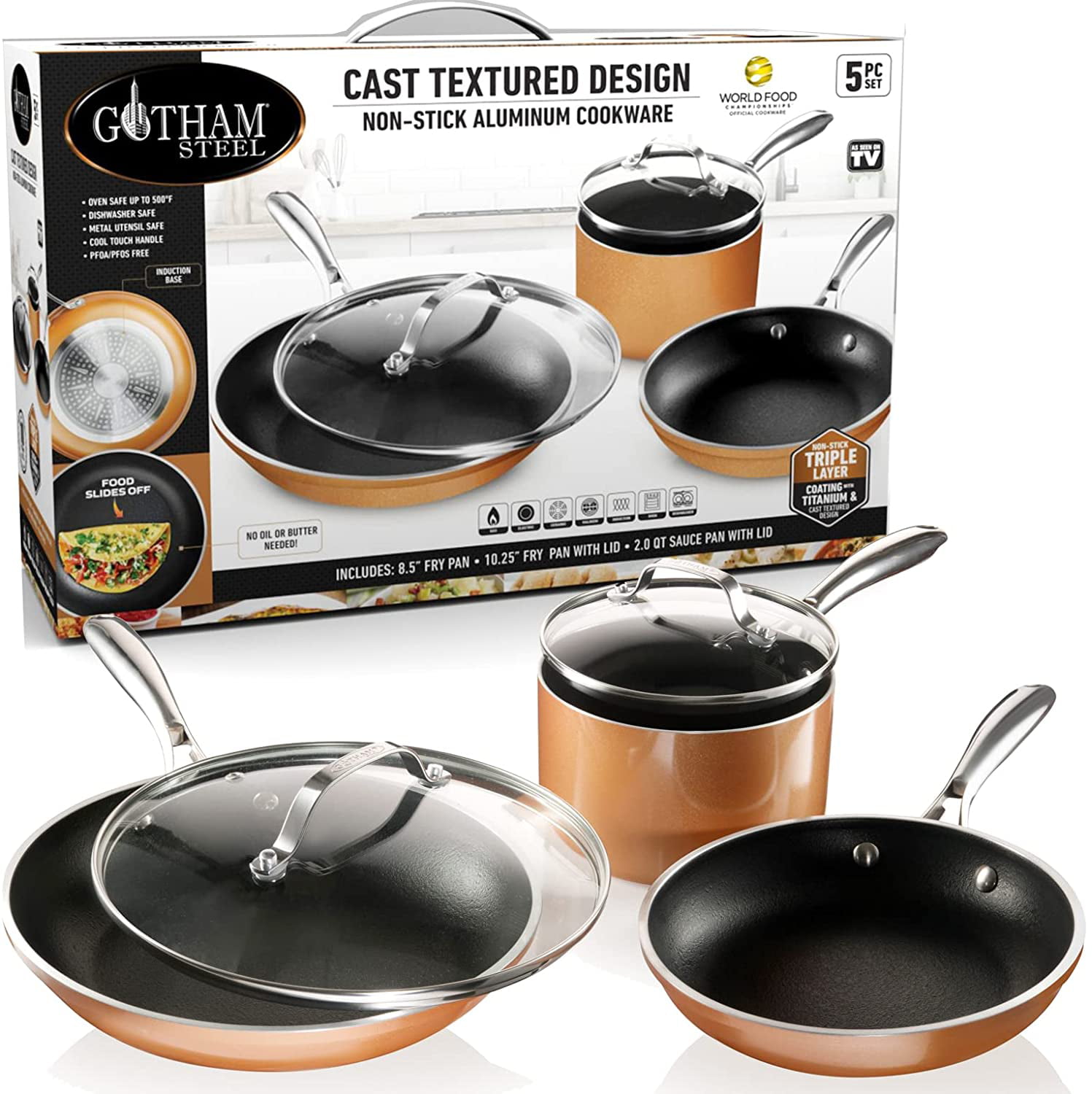 Steel Copper Cast 5 Piece Cookware Set Non-Stick Pots and Pans Set Dishwasher & Oven Safe