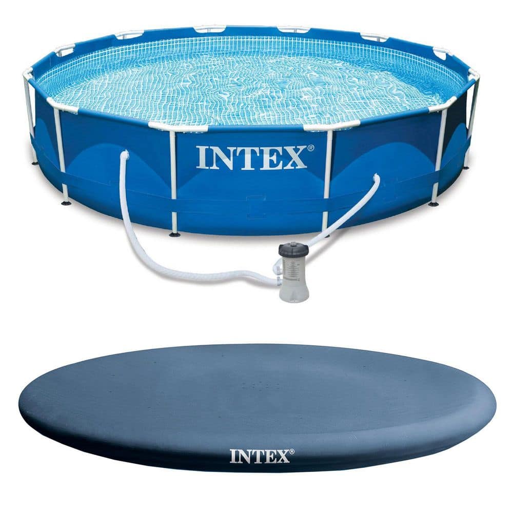 Intex 12 ft. x 30 in. Metal Frame Round Swimming Pool with Filter Pump and 13 ft. Pool Cover 28026E + 28211EH