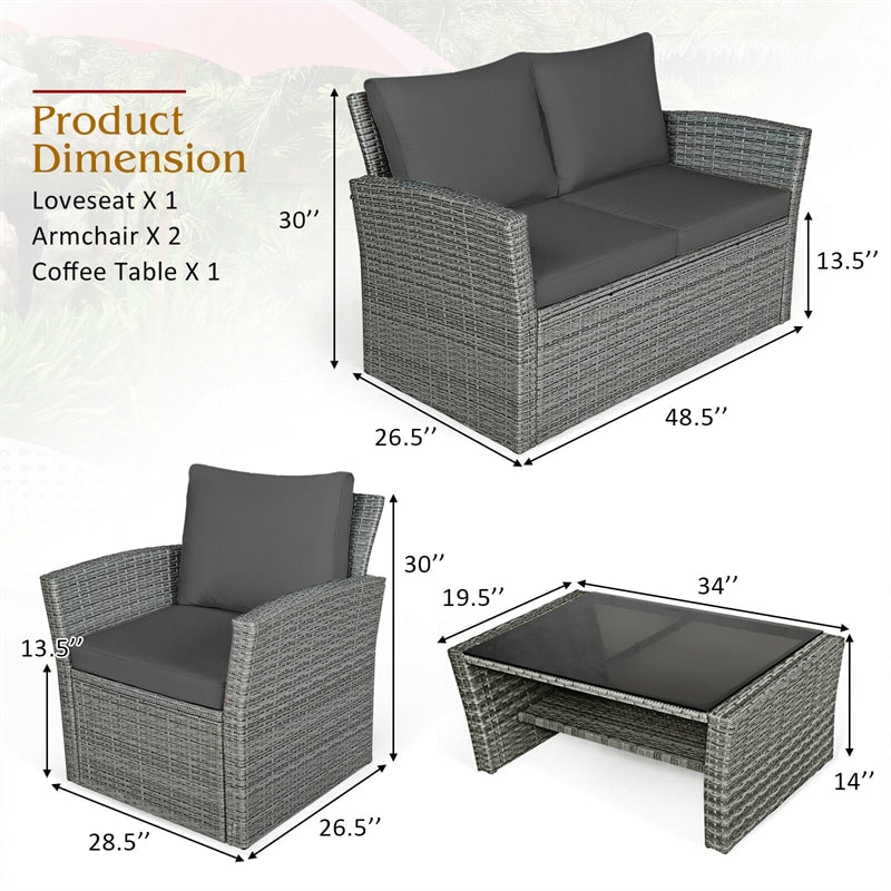 4 Pcs Rattan Patio Sectional Furniture Set with Storage Shelf Table, Cushioned Outdoor Wicker Conversation Sofa Set