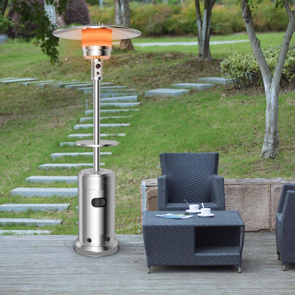 HONEY JOY 48000 BTU Outdoor Rolling Steel Silver Outdoor Propane Freestanding Patio Heater with Table Suitable TOPB004779