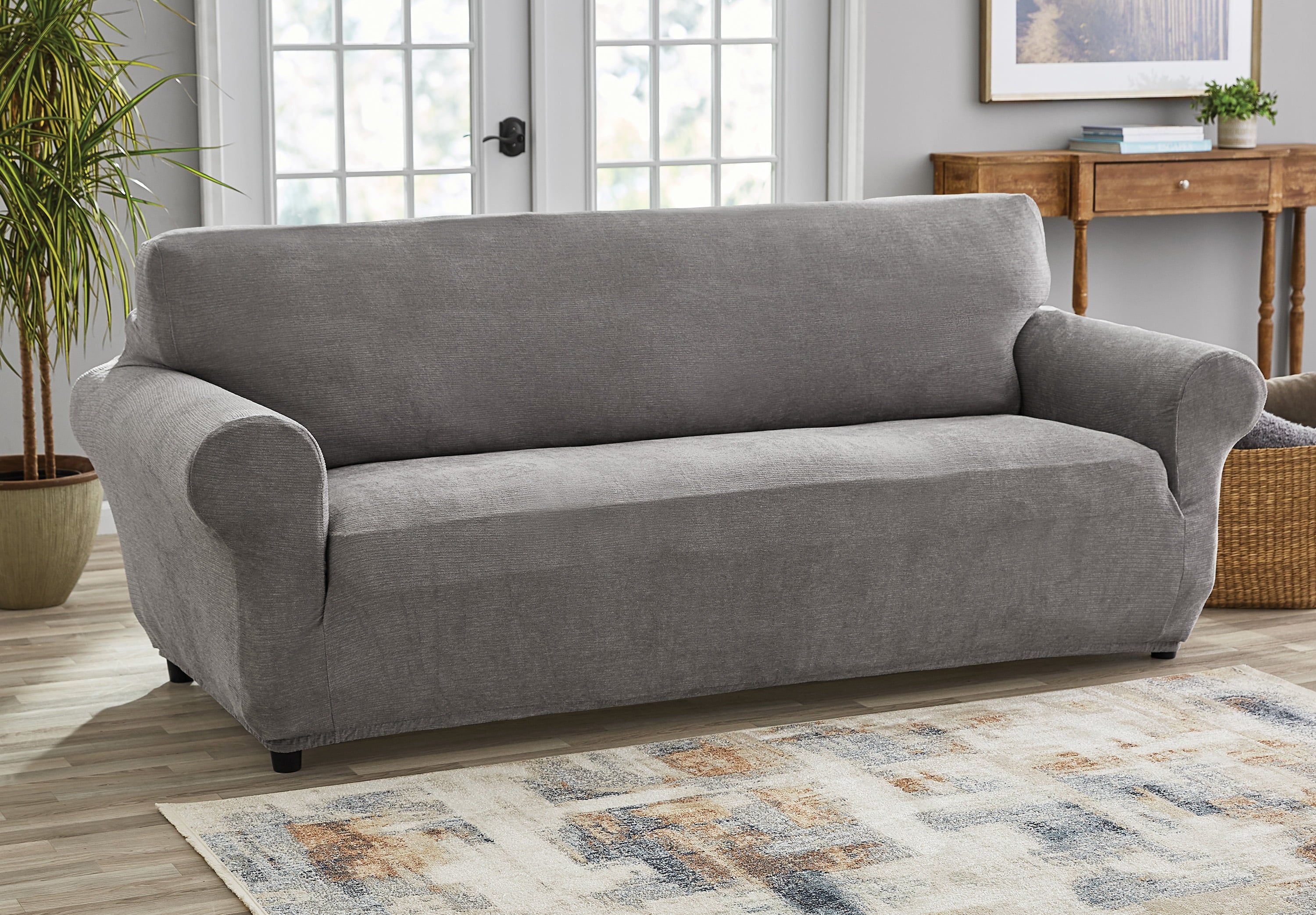 Mainstays Chenille Stretch Fabric Sofa Slipcover, Grey, 1-Piece