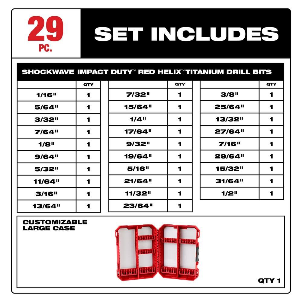 MW SHOCKWAVE Impact Duty RED HELIX Titanium Drill Bit Set 29pc 48-89-4672 from MW