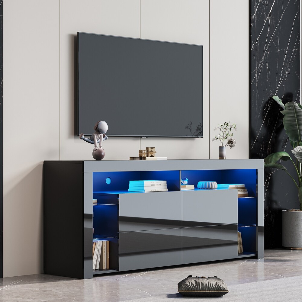 TV Cabinet with Storage Drawers   Open Shelves LED TV Stand Modern High Gloss TV Console with 20 Color LED Lights  Black