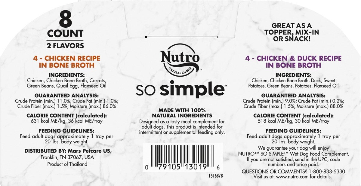 Nutro So Simple Meal Complement Chicken and Duck Recipe in Bone Broth Variety Pack Grain-Free Wet Dog Food Topper， 2-oz tray， case of 16