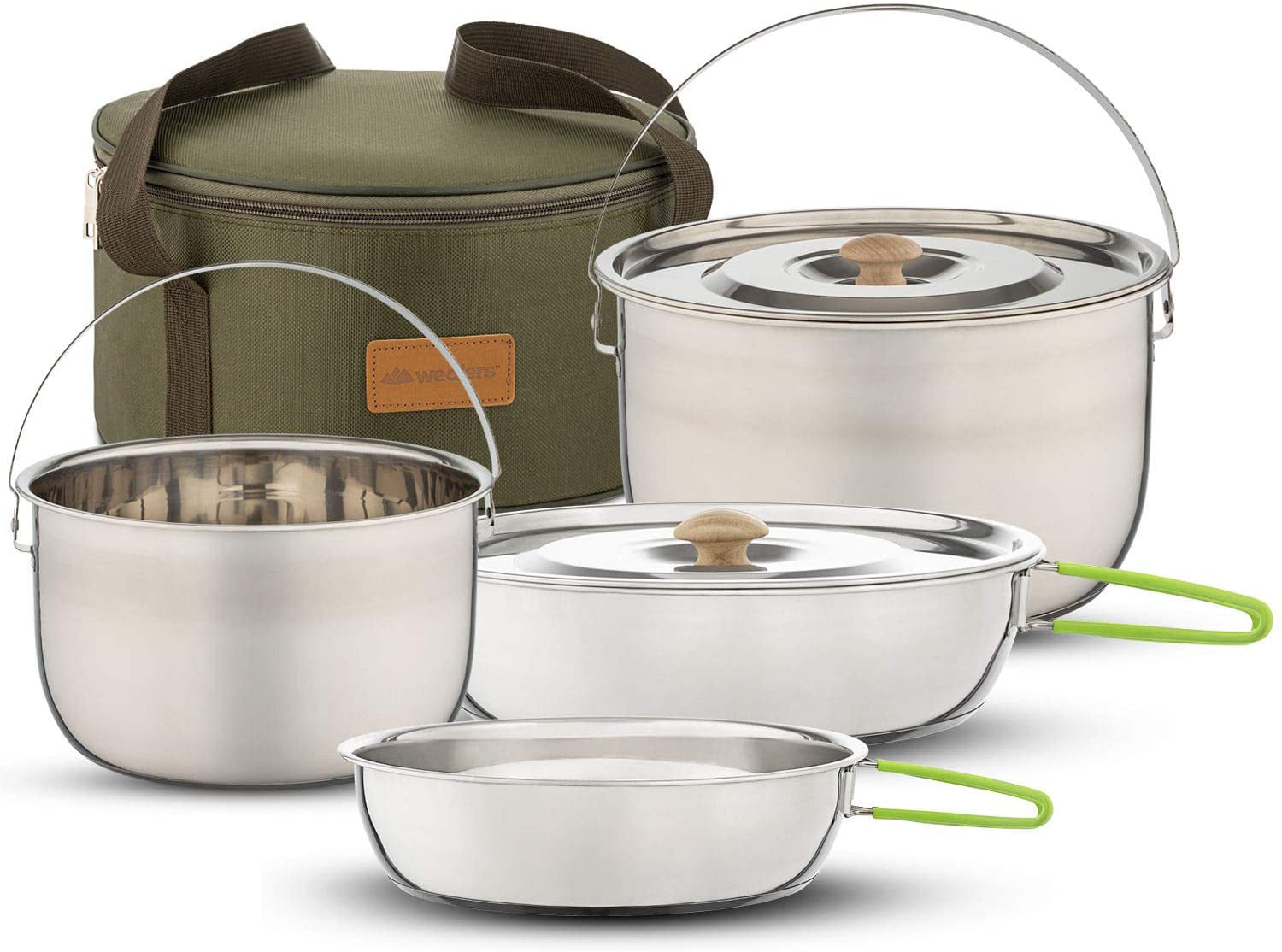 Camping Compact Stainless Steel Campfire Cooking Pots and Pans with Travel Tote Bag | 4 Piece Pot & Pan Set