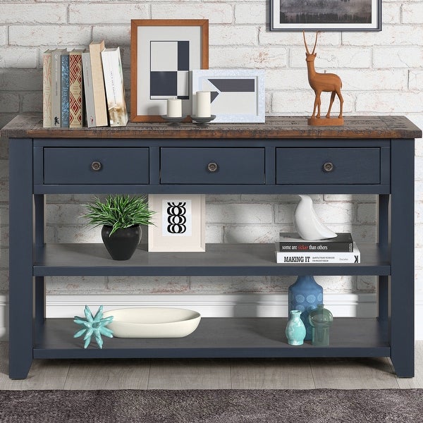 Modern Solid Pine Wood Top Console Table with Drawers and Shelves