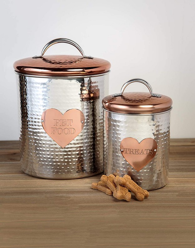 Amici Pet Rosie Silver rose Gold Metal Treats Canister 2 Size Set Pet Food Storage Containers Dog Food Jar With Lid 38 amp 104 Ounce