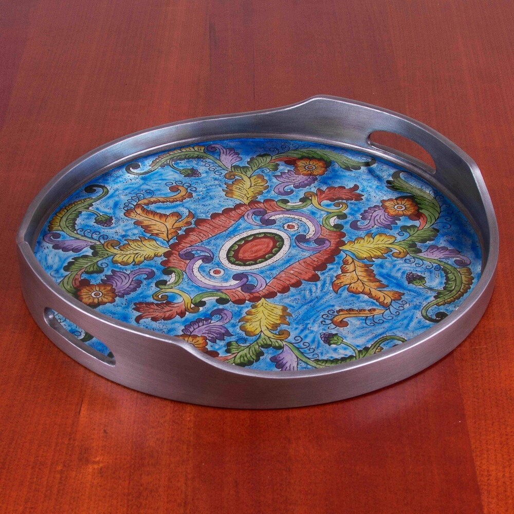Handmade New Blue Bloom Reverse painted glass tray