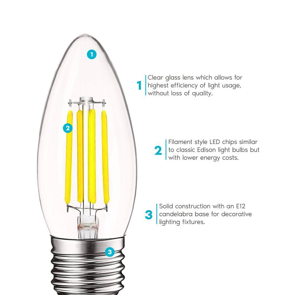 LUXRITE 60-Watt Equivalent B10 Dimmable Edison LED Light Bulbs Torpedo Tip Clear Glass 5000K Bright White (6-Pack) LR21608-6PK