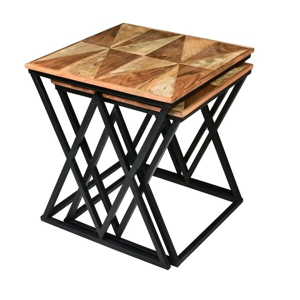 25， 23 Inch Square 2 Piece Nesting End Table Set， Wood to P， X Shape Iron Frame， Den， Bedroom Living Room， Brown and Black