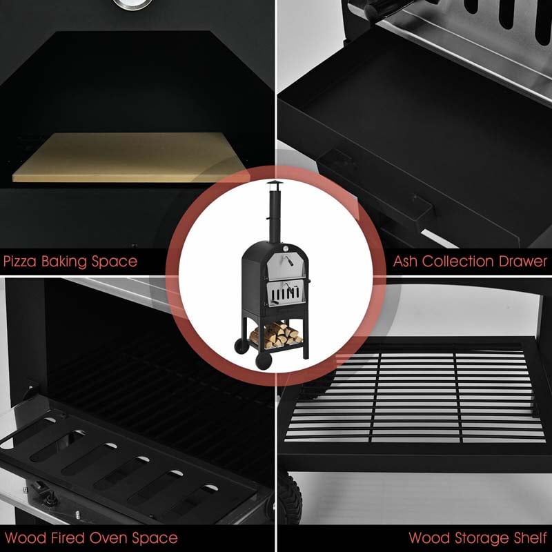 2 Layer Steel Outdoor Pizza Oven Wood Fire Pizza Grill Maker with Wheels, Pizza Stone & Peel, Waterproof Cover