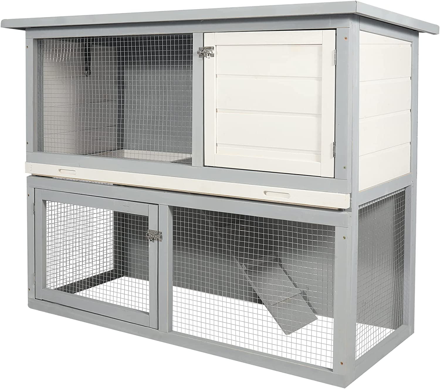 Lineslife Large Rabbit Hutch Without Wire Bottom for Outdoor， 48'' Weatherproof 2 Story Bunny Cage for 2~4 Rabbits with Pull Out Tray and Run， Grey