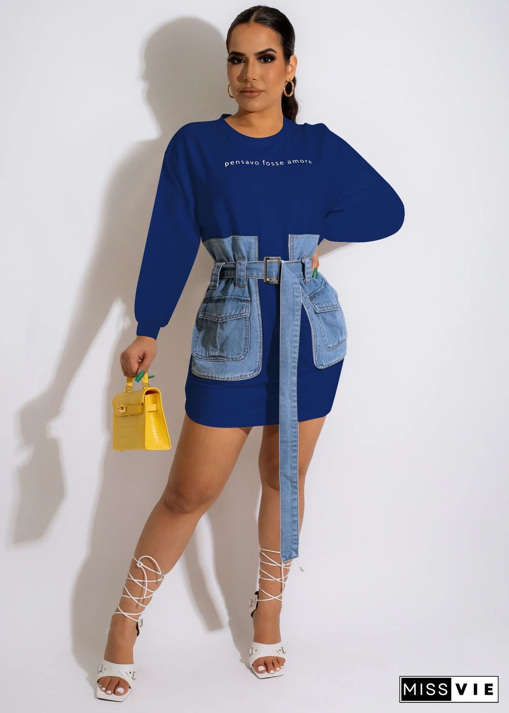 Long Sleeve Denim Patchwork Dress with Belt