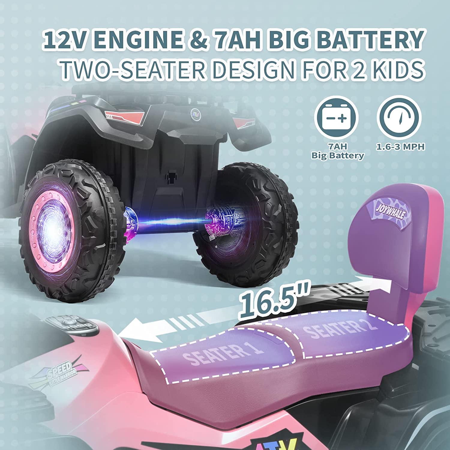 Joywhale 12V 2 Seater Kids Ride on ATV Car Battery Powered Electric Quad for Kids Ages 3-8, with DIY Sticker, 7AH Battery, Metal Suspension, Bright Headlights, Music, FM, Rear Pedal & Backrest, Pink