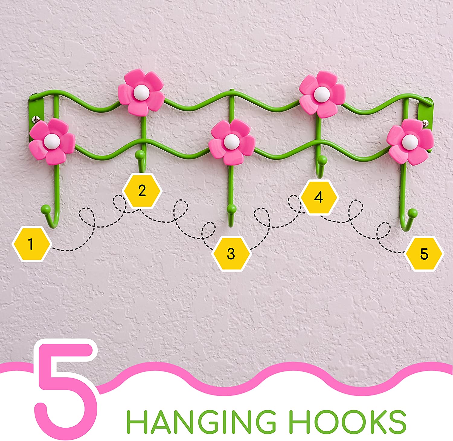 Wall Hooks Kids Room Clothes Storage Hanger Pink Flower Design Hook Rack Wall Mounted Girls Bedroom Decor