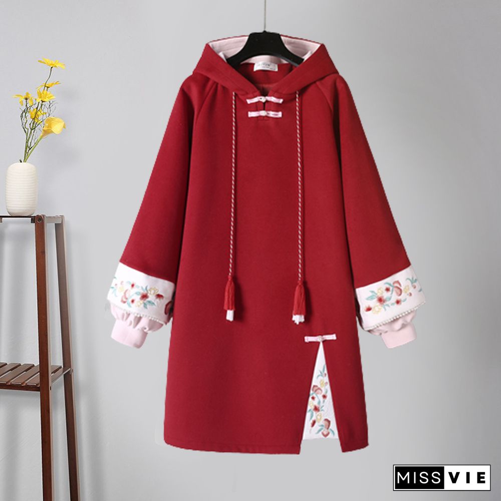 Vintage Crane Embroidery Plush Hooded Sweatshirt Dress