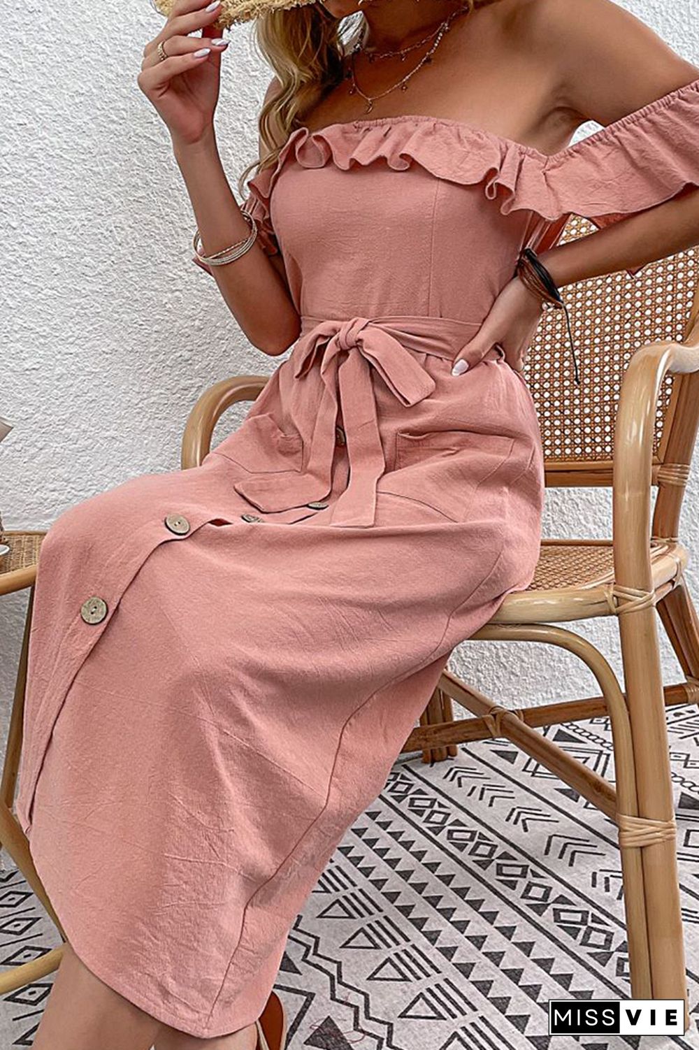 Ruffle Off Shoulder Pocket Dress Wholesale